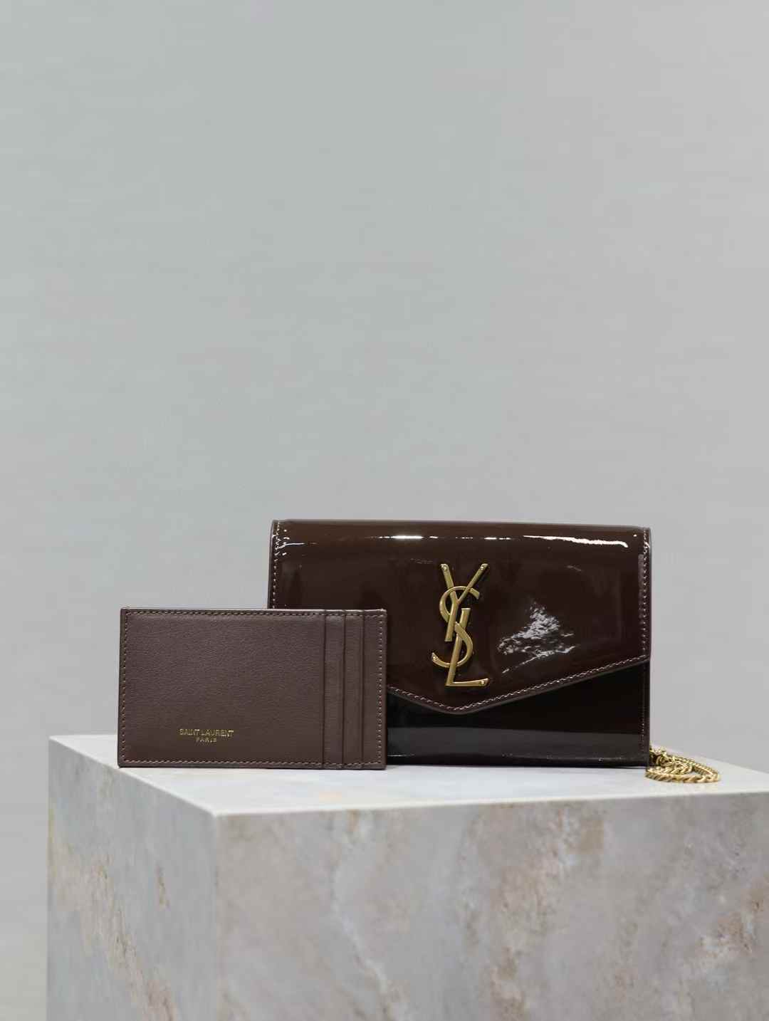 Saint Laurent uptown mini chain wallet in patent leather view 1