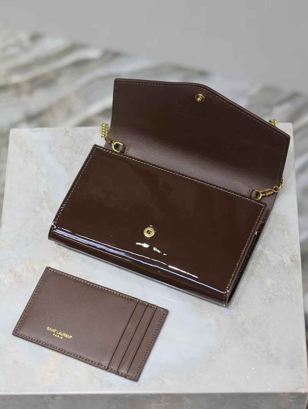 Saint Laurent uptown mini chain wallet in patent leather view 2