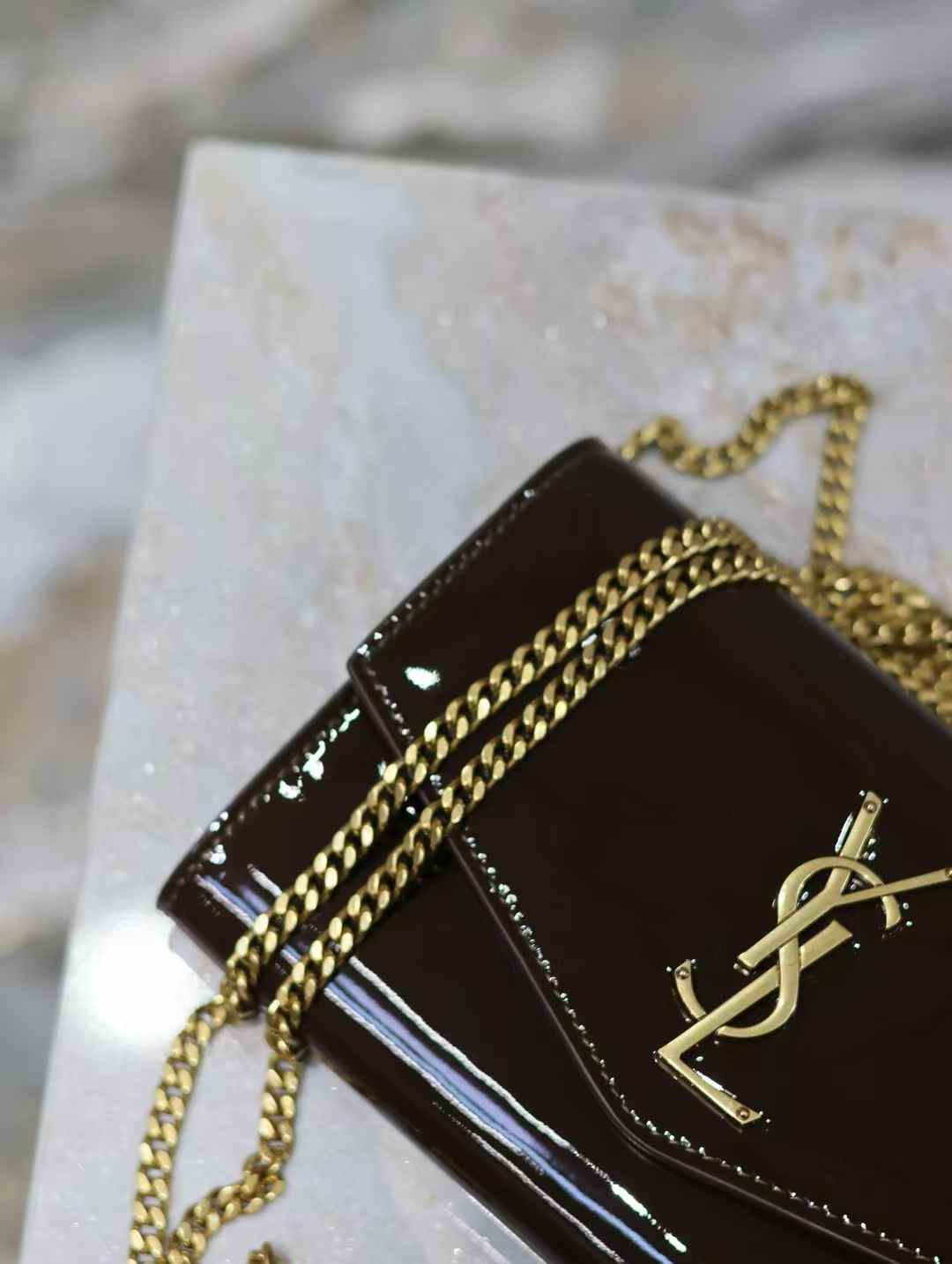 Saint Laurent uptown mini chain wallet in patent leather view 7