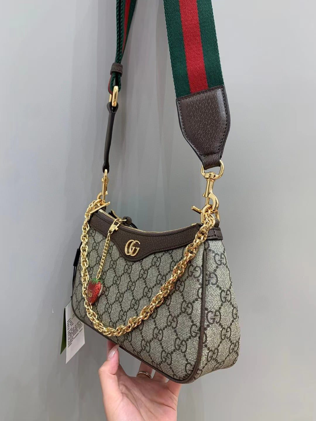 Gucci Ophidia GG Small Handbag with Strawberry Pendant view 4