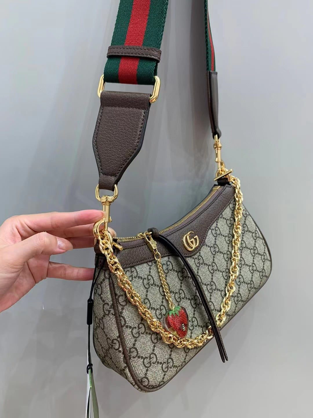 Gucci Ophidia GG Small Handbag with Strawberry Pendant view 7