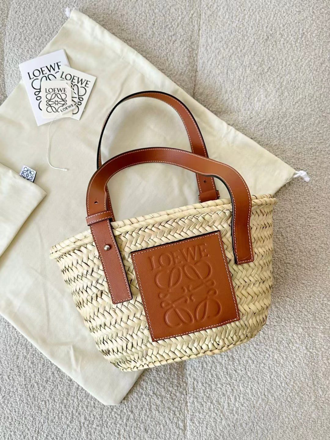 Loewe Small Basket Bag in raffia and calfskin view 1