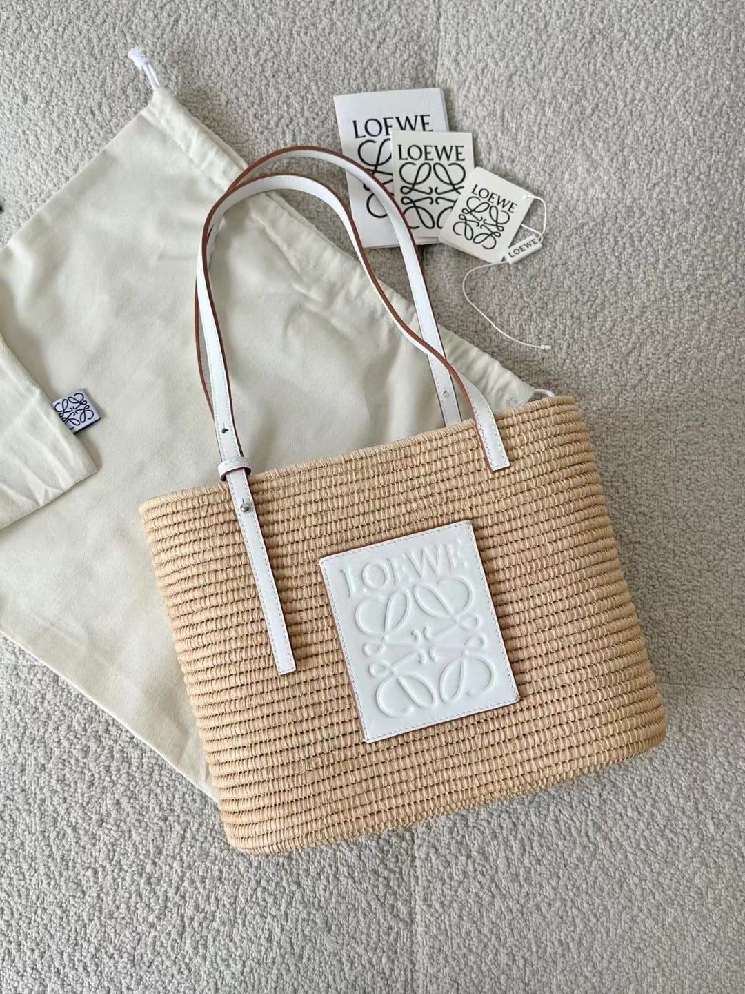 Loewe Small Square Basket Bag in raffia and calfskin view 1
