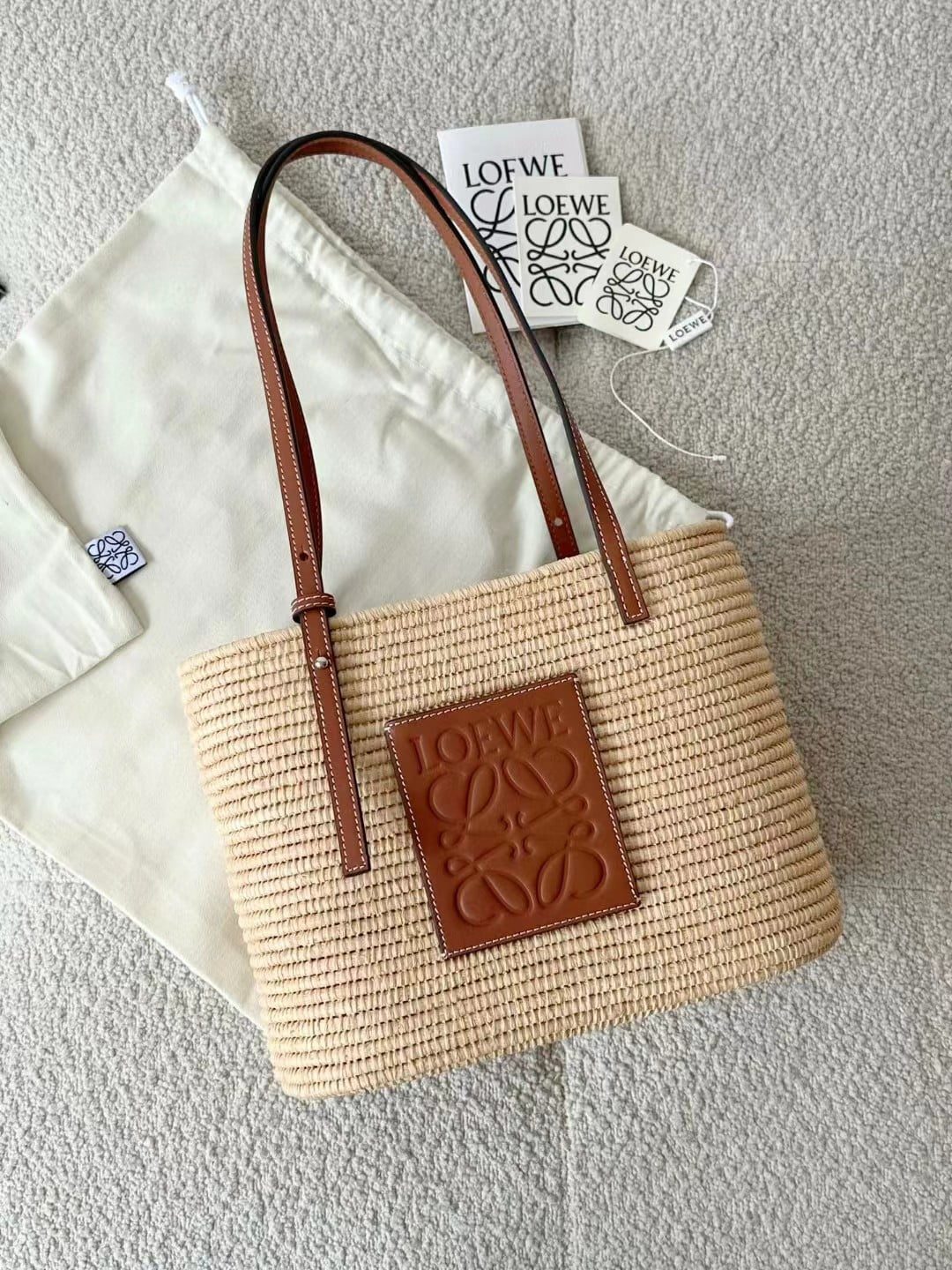 Loewe Small Square Basket Bag in raffia and calfskin view 2
