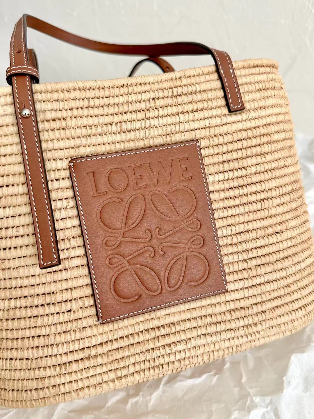 Loewe Small Square Basket Bag in raffia and calfskin view 3