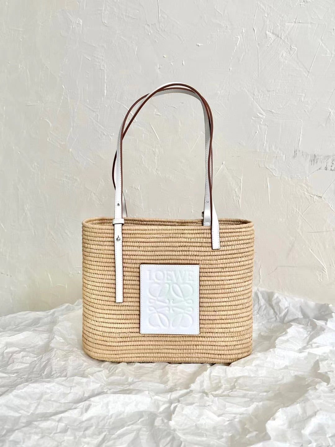 Loewe Small Square Basket Bag in raffia and calfskin view 9