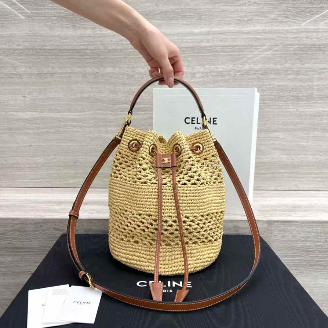 Celine Clara Classic Panier In Raffia And Calfskin view 1