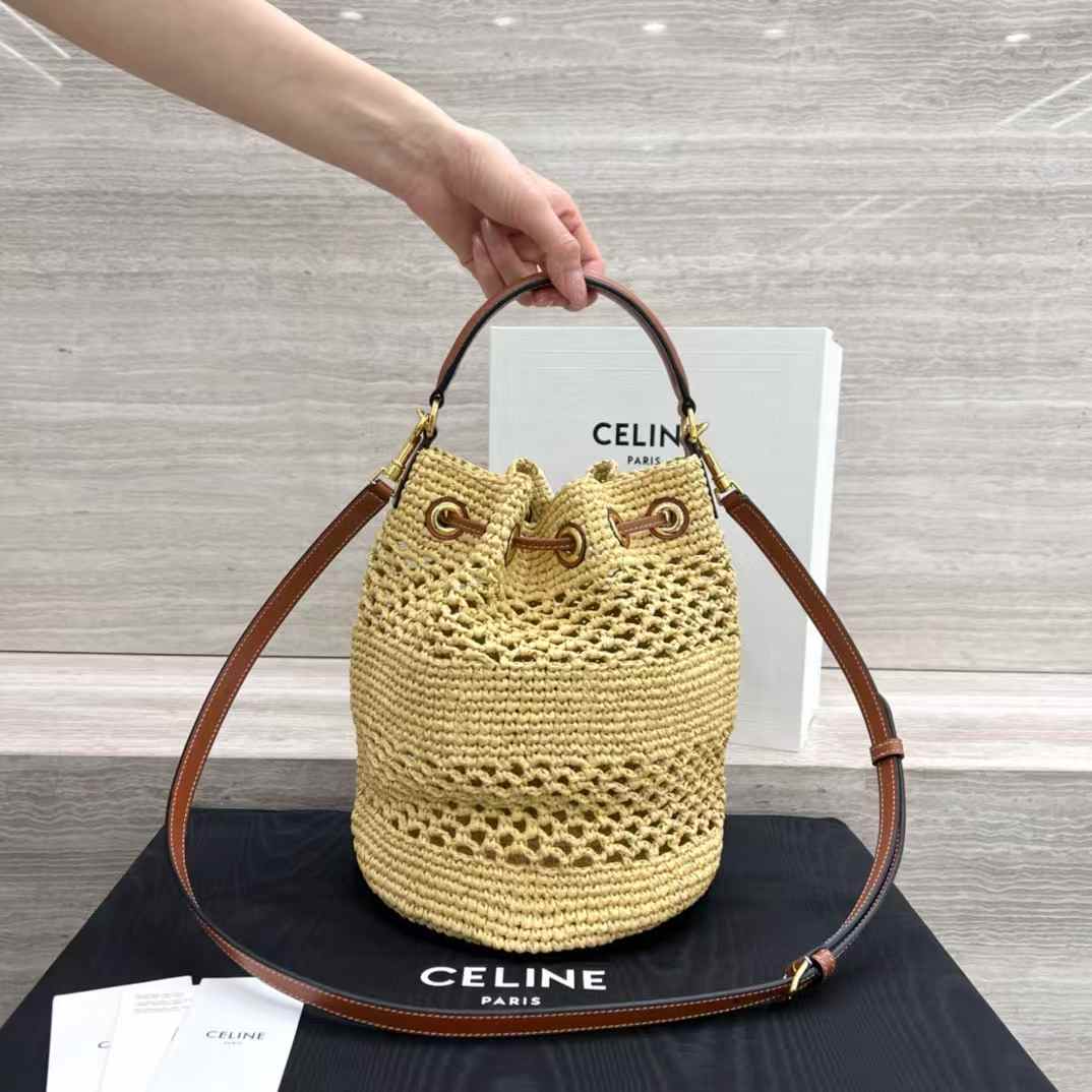 Celine Clara Classic Panier In Raffia And Calfskin view 2
