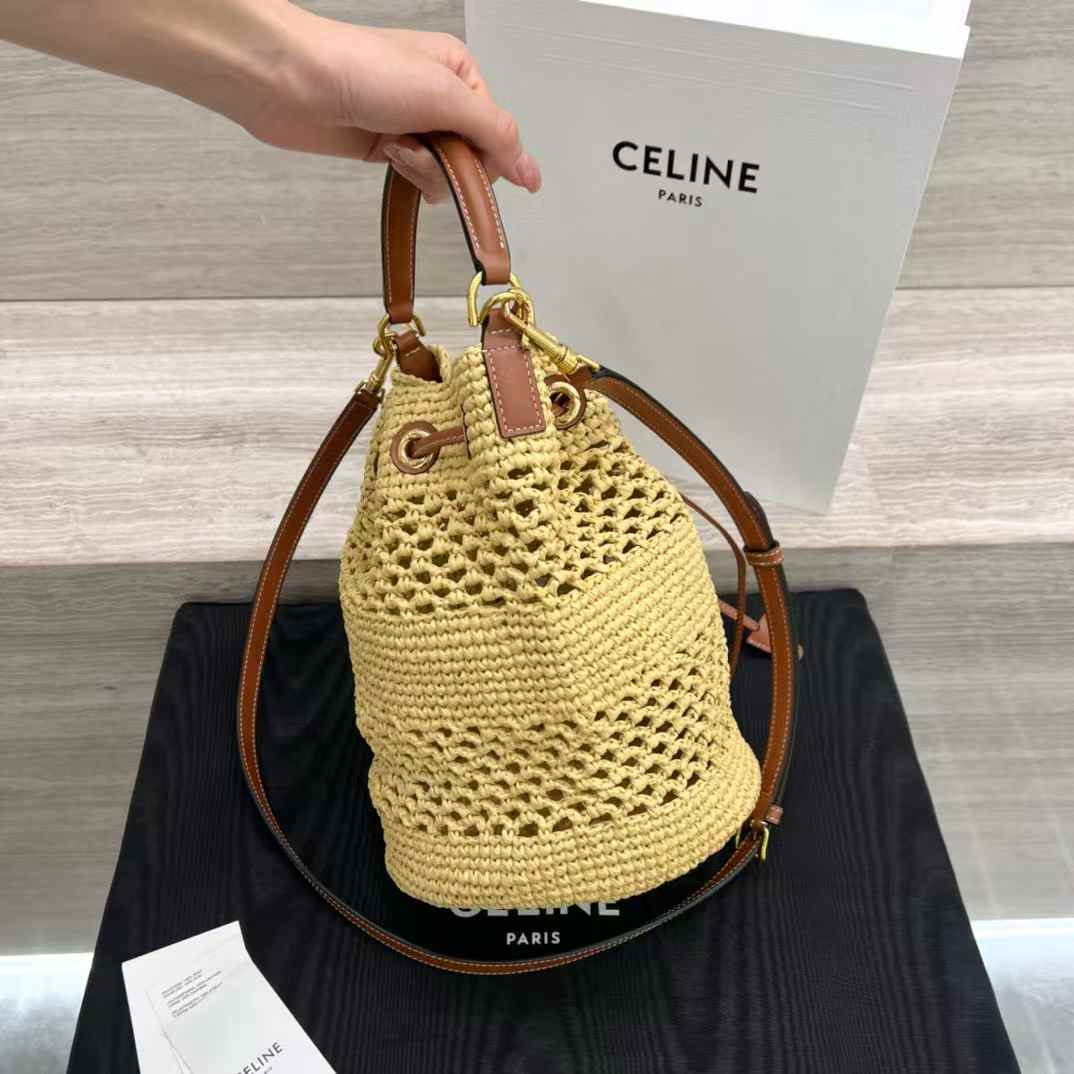 Celine Clara Classic Panier In Raffia And Calfskin view 3