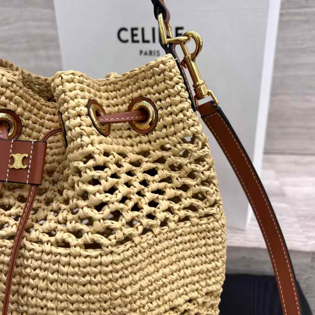 Celine Clara Classic Panier In Raffia And Calfskin view 6