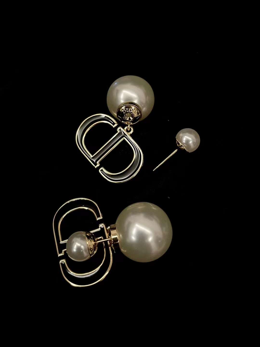 Dior Black enamel pearl stud earrings view 2