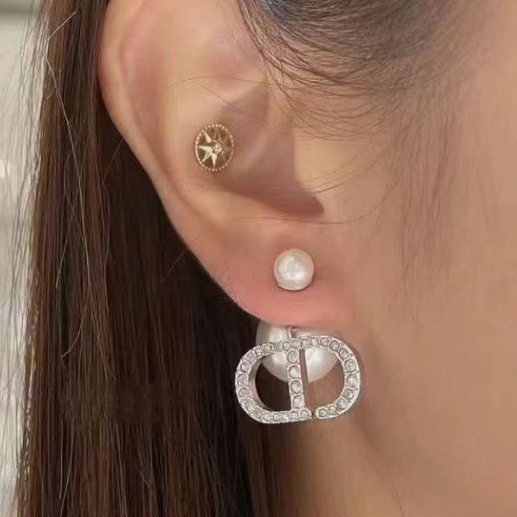 Dior Silver rhinestone pearl stud earrings view 1