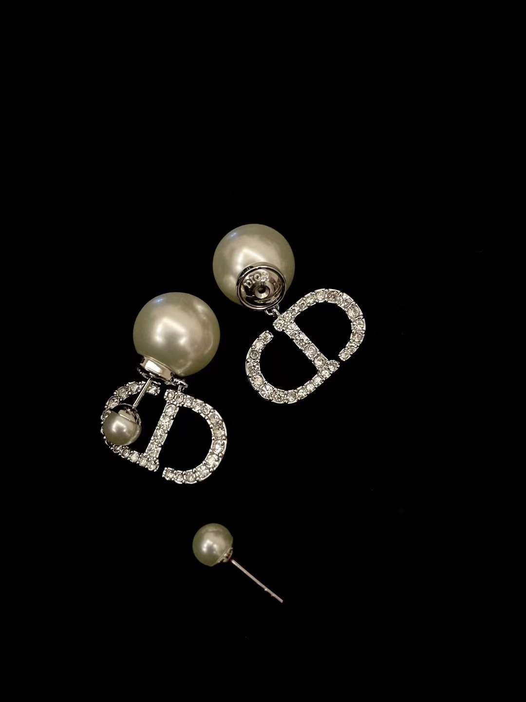 Dior Silver rhinestone pearl stud earrings view 2