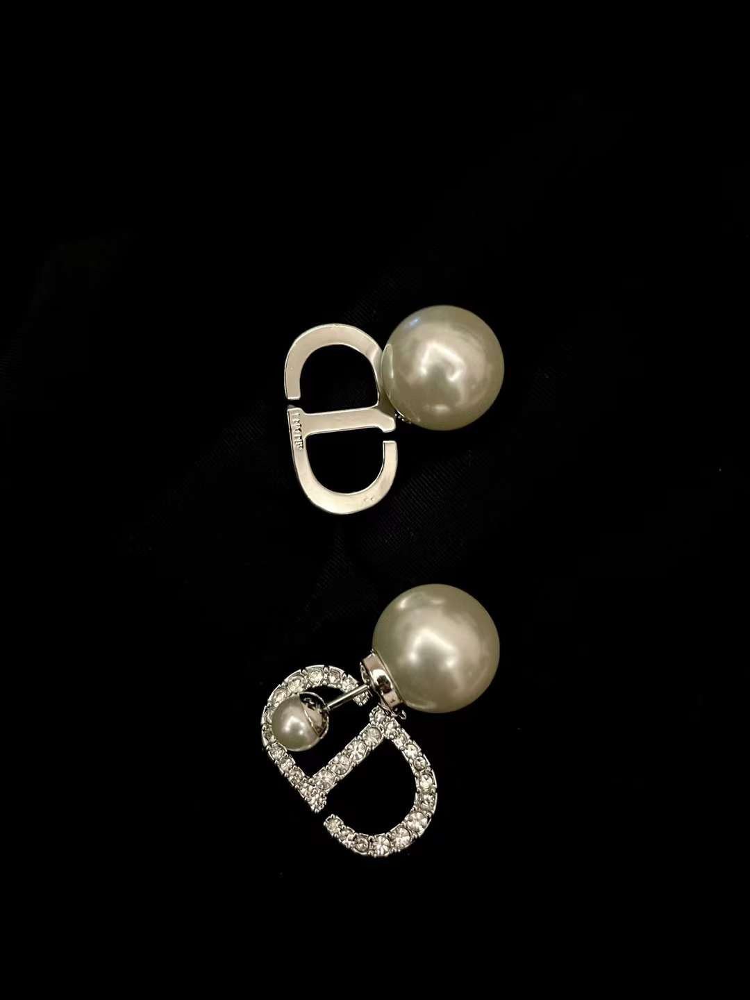 Dior Silver rhinestone pearl stud earrings view 4